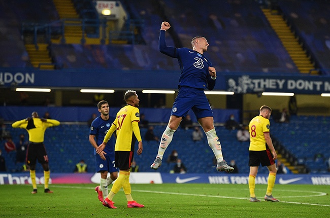 Chelsea's Ross Barkley celebrates after scoring his team's third goal during the Premier League match against Watford at Stamford Bridge on 4 July 2020.