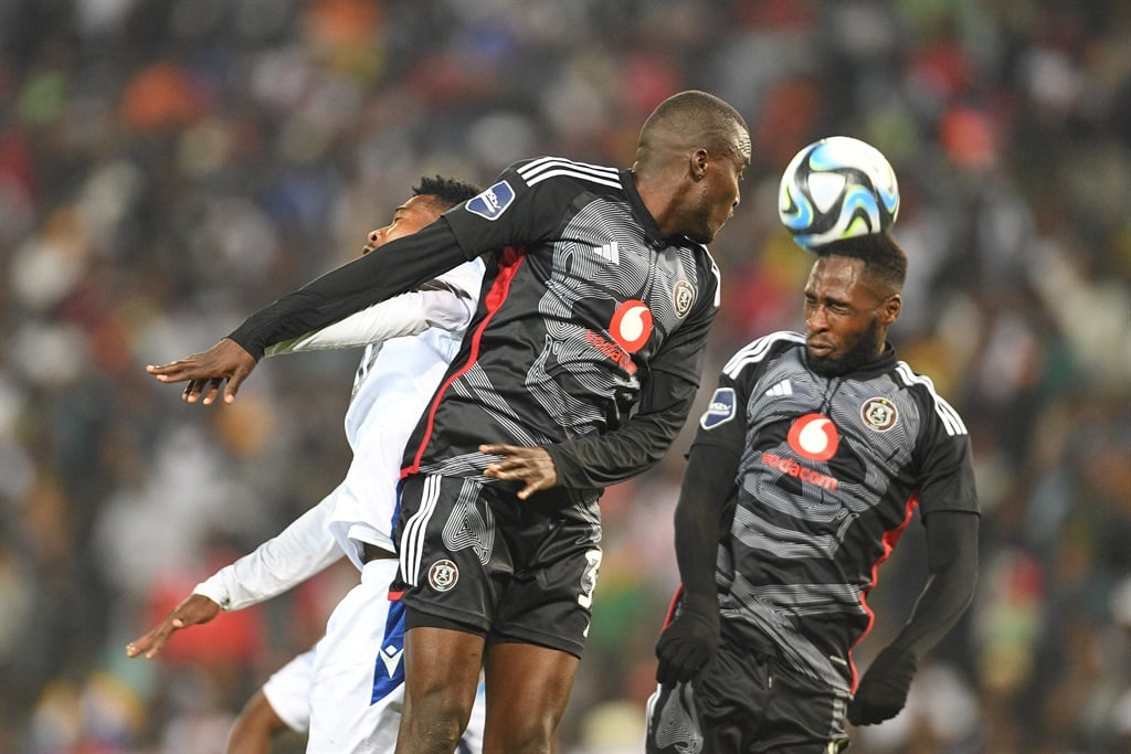 JOHANNESBURG, SOUTH AFRICA - AUGUST 25: Souaibou Marou and Fortune Makaringe during the CAF Champions League, 1st preliminary round - leg 2 match between Orlando Pirates and Djabal Club at Orlando Stadium on August 25, 2023 in Johannesburg, South Africa. (Photo by Lefty Shivambu/Gallo Images)