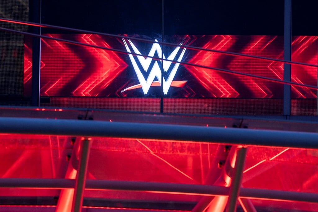 The WWE logo is seen on the front of the WWE wrestling world headquarters.
