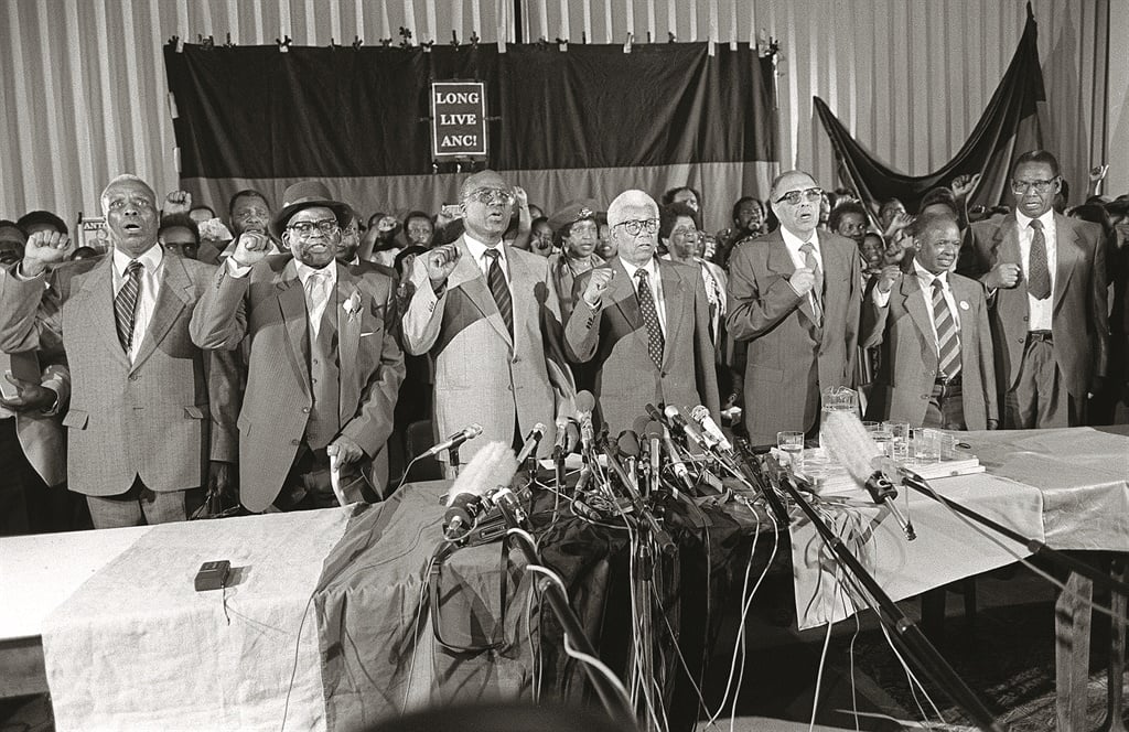 Anti-apartheid ANC struggle stalwarts Raymond Mhlaba, Oscar Mpetha, Andrew Mlangeni, Walter Sisulu, Ahmed Kathrada, Elias Motsoaledi and Wilton Mkwayi after their release from prison in 1989 in Soweto.