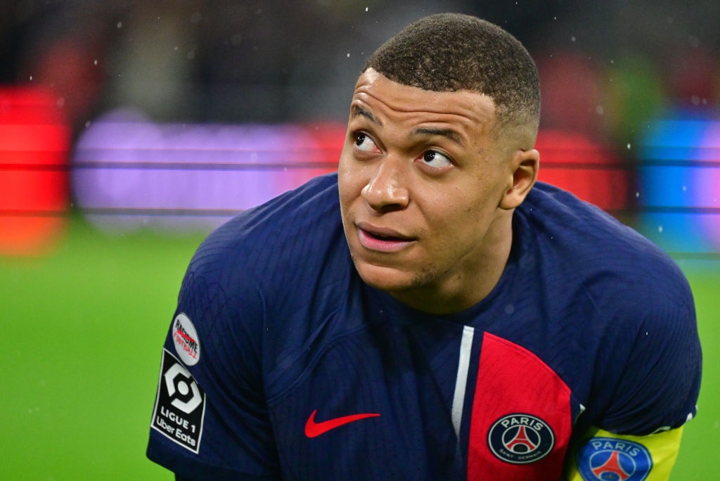 MARSEILLE, FRANCE - MARCH 31: Kylian MbappÃ© of PSG of Paris react during the Ligue 1 Uber Eats match between Olympique de Marseille and Paris Saint-Germain at Orange Velodrome on March 31, 2024 in Marseille, France.(Photo by Christian Liewig - Corbis/Corbis via Getty Images)
