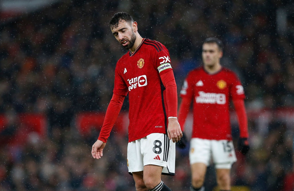 MANCHESTER, ENGLAND - DECEMBER 09:  Bruno Fernandes of Manchester United looks dejectedduring the Premier League match between Manchester United and AFC Bournemouth at Old Trafford on December 09, 2023 in Manchester, England. (Photo by Danehouse Photography Ltd/Getty Images)