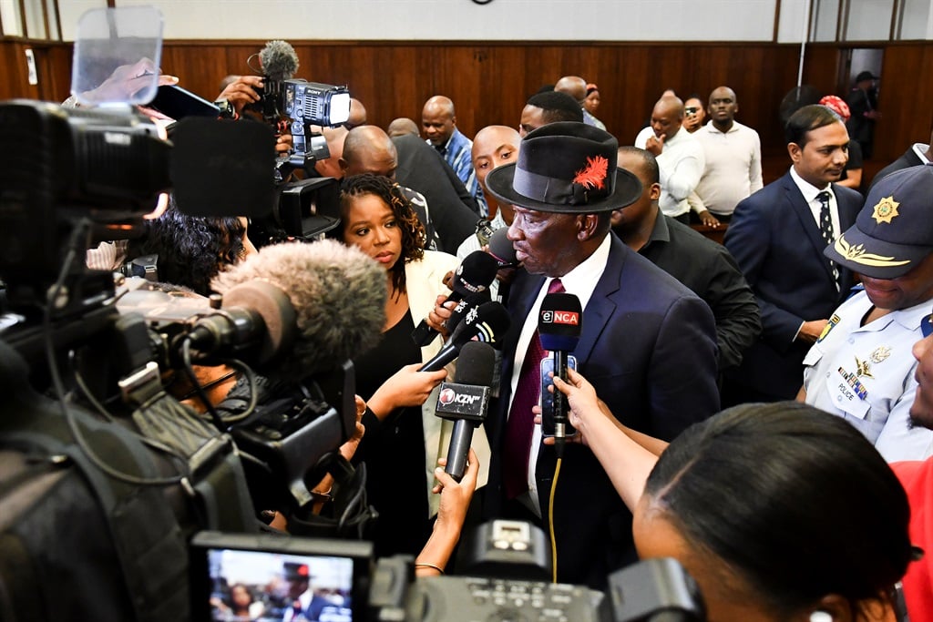 Police Minister Bheki Cele interviewed by the media during the AKA murder case at the Durban Magistrates' Court on 29 February 2024.