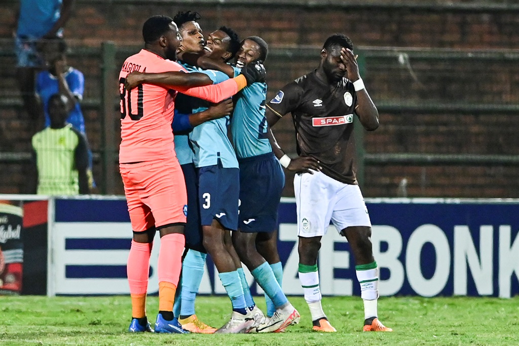 DURBAN, SOUTH AFRICA - APRIL 30: Richards Bay celebrates second goal during the DStv Premiership match between Richards Bay and AmaZulu FC at King Goodwill Zwelithini Stadium on April 30, 2024 in Durban, South Africa. (Photo by Darren Stewart/Gallo Images)