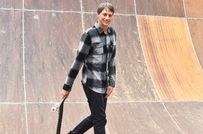 Tony Hawk and Liquid Death Mountain Water recently launched a limited collection of 100 blood-infused skateboards. (PHOTO: Gallo Images/Getty Images) 