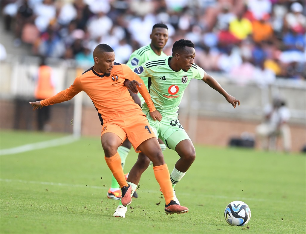 POLOKWANE, SOUTH AFRICA - MARCH 02: Oswin Appollis of Polokwane City and Patrick Maswanganyi of Orlando Pirates during the DStv Premiership match between Polokwane City and Orlando Pirates at Peter Mokaba Stadium on March 02, 2024 in Polokwane, South Africa. (Photo by Philip Maeta/Gallo Images),÷?3ÂCèþr*G?2l¨»