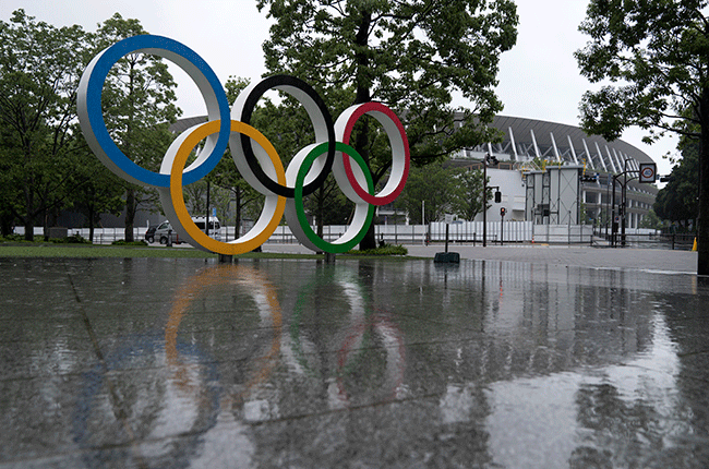 The Olympic Rings is displayed in front of the National Stadium in Tokyo