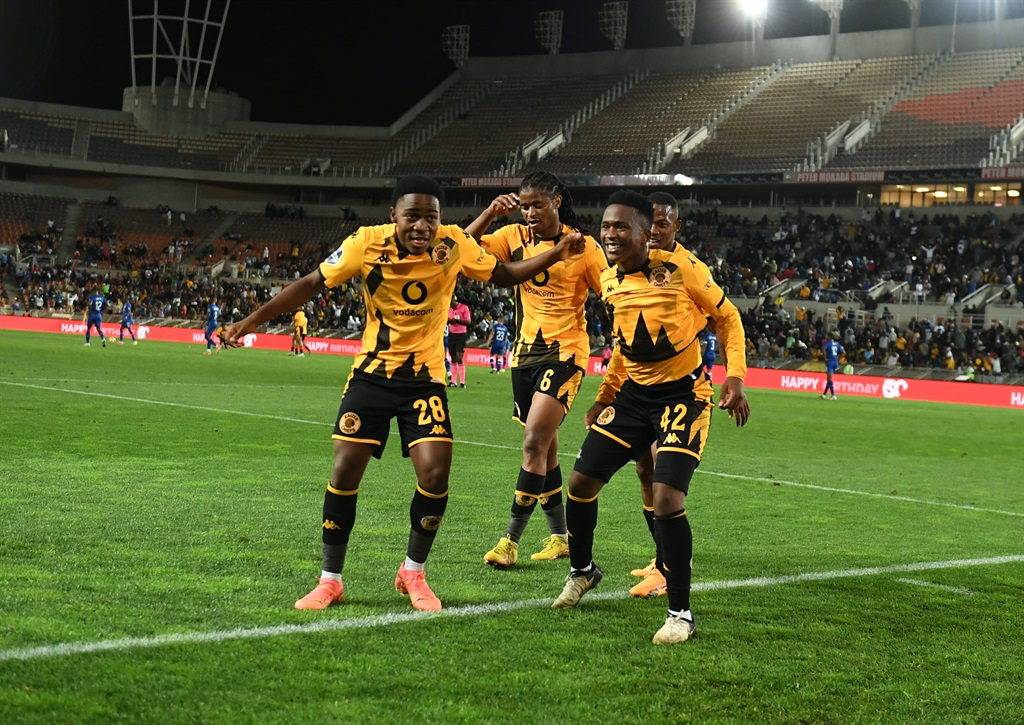 POLOKWANE, SOUTH AFRICA - APRIL 27: Mduduzi Shabalala of Kaizer Chiefs celebrates goal with team mates during the DStv Premiership match between Kaizer Chiefs and  SuperSport United at Peter Mokaba Stadium on April 27, 2024 in Polokwane, South Africa. (Photo by Philip Maeta/Gallo Images)