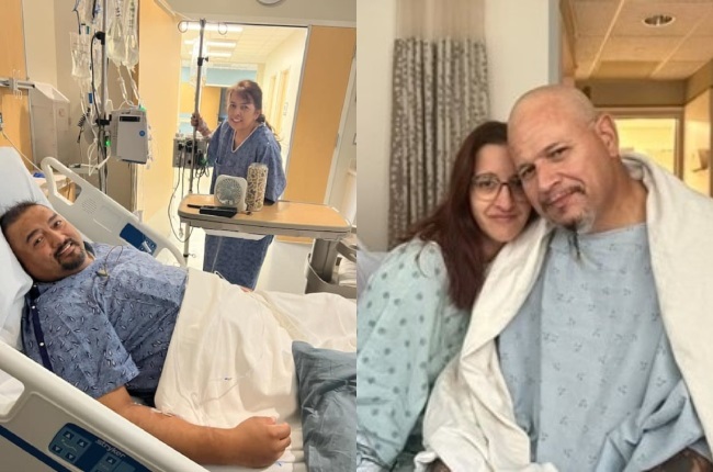 Frank Pompa and Joely Sanders in the hospital in Tucson, Arizona; and Tracey and Tony Gonzalez in a Chicago hospital. (PHOTOS: Facebook/Joely Villalpando-Sanders/Advocate Health Care)