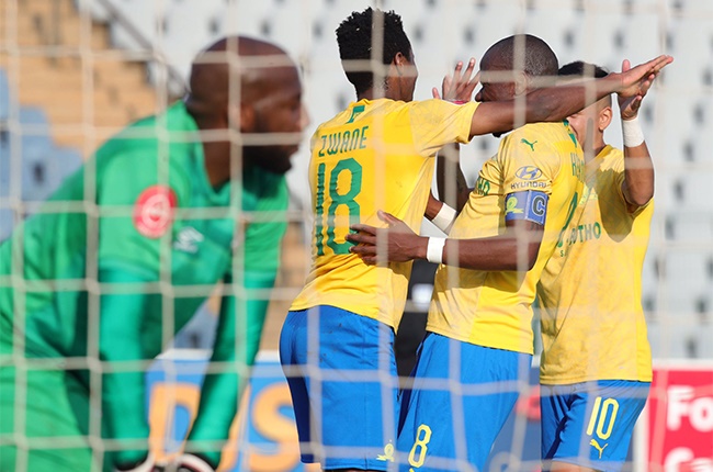 Themba Zwane celebrates scoring for Mamelodi Sundowns.