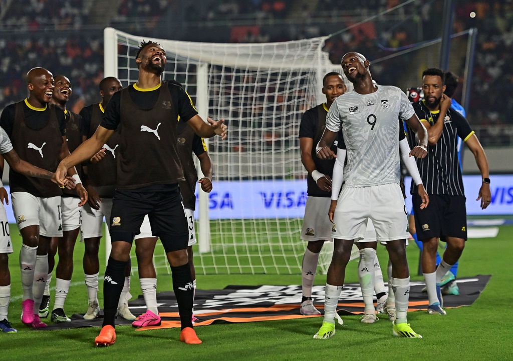 Bafana striker Evidence Makgopa leads his teammates in a Skomota dance move after he opened the scoring against Morocco in their Afcon last 16 clash in the Ivory Coast on Tuesday night.  