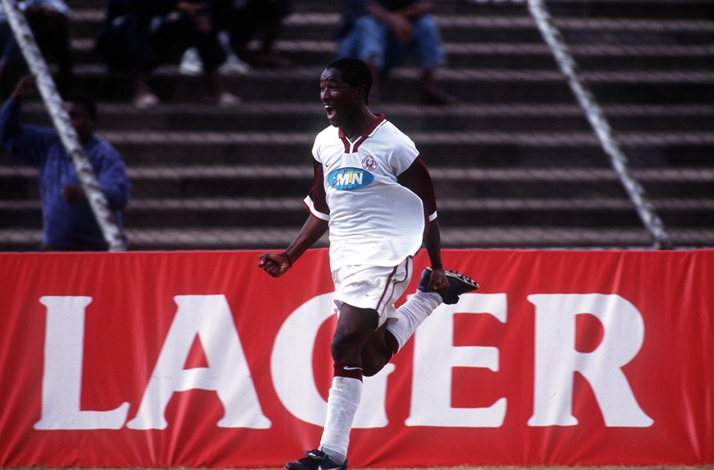 Swallows 2 v Dynamos 0 , George Goch Stadium, 11 April 1999.PSL. Sisa Nombe celebrates his goal scored for Swallows. Photo credit: - Duif du Toit/Gallo Images