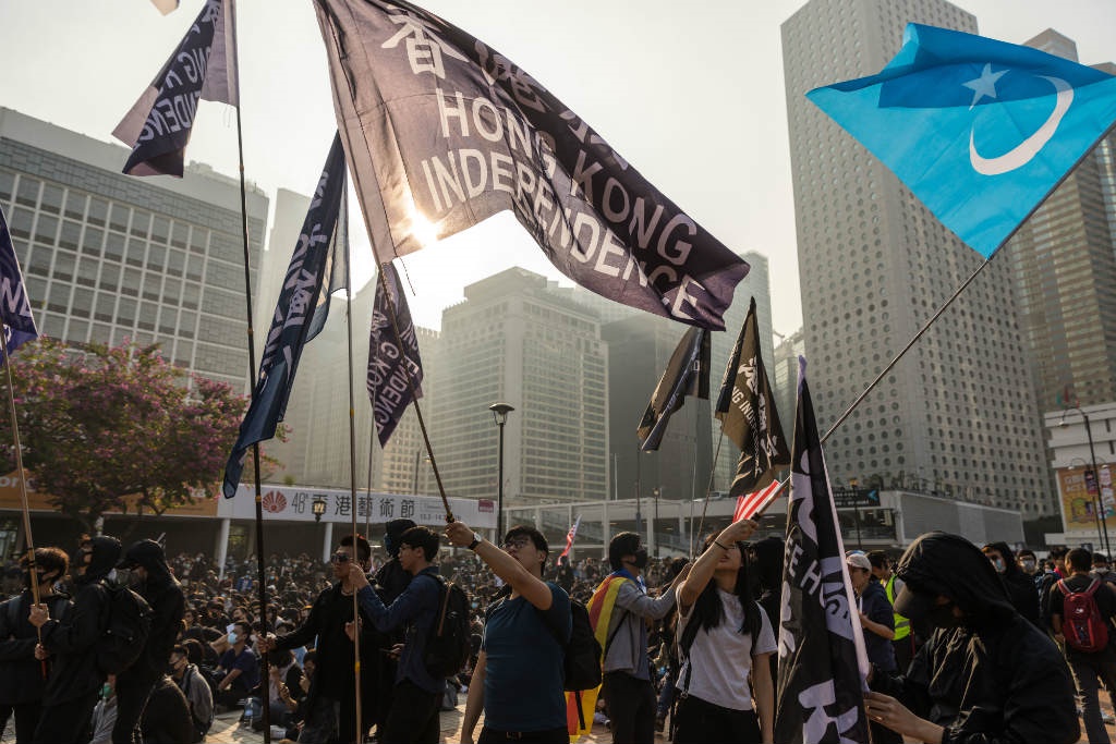 Protesters attend a rally in Hong Kong on December 22, 2019 to show support for the Uighur minority in China.