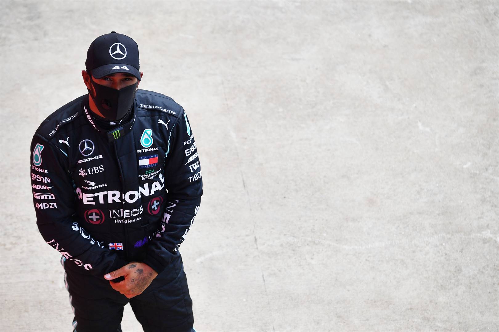 With three laps to go, both cars needed to engage in some serious tyre management as both Valteri Bottas and Lewis Hamilton picked up front left punctures, with Hamilton’s almost costing him the race victory. Picture: Ben Stansall / Pool via Getty Images