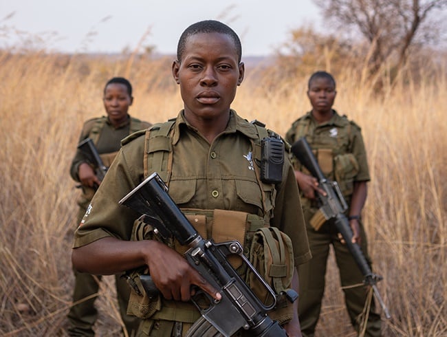 Petronella Chigumbura with Akashinga rangers. (Photo: Kim Butts/National Geographics)