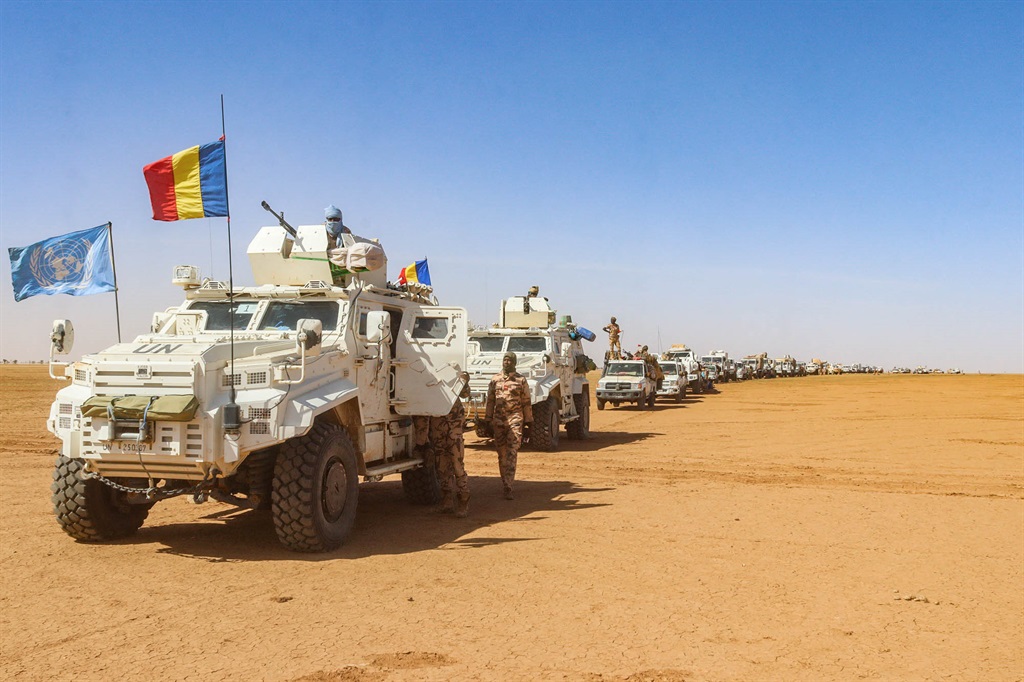 Chadian Soldiers with the United Nations Multidimensional Integrated Stabilisation Mission in Mali in the process of withdrawing from their bases in Tessalit and Aguelok in the North of Mali, at the end of October 2023. (Photo by MINUSMA / AFP) 