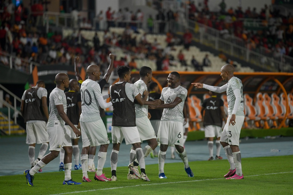 Bafana Bafana celebrate victory during the CAF Africa Cup of Nations, Round of 16 match between Morocco and South Africa at Stade Laurent Pokou on 30 January 2024 in San Pedro, Ivory Coast. 