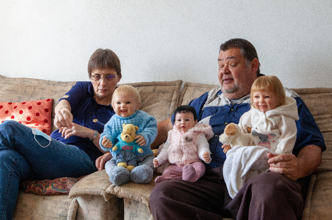 Etta and Charl Venter’s three dolls, Heinrich, Meiling (aka Vlooi) and Michelle are the couple’s world.  (Photo: Papi Morake)