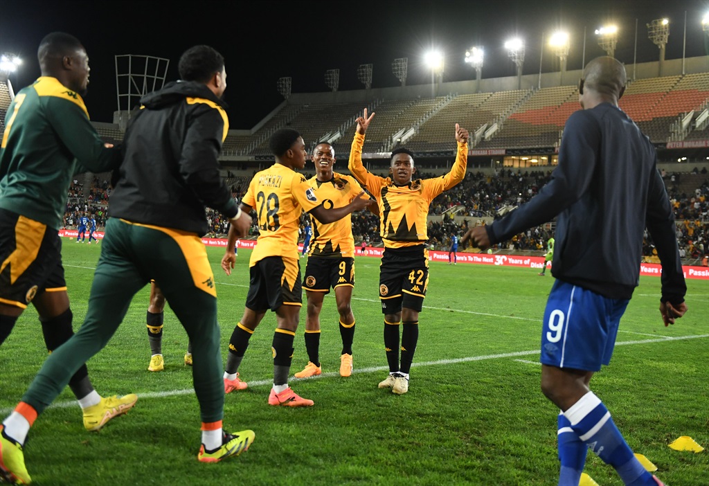 POLOKWANE, SOUTH AFRICA - APRIL 27: Mduduzi Shabalala of Kaizer Chiefs celebrates goal with team mates during the DStv Premiership match between Kaizer Chiefs and  SuperSport United at Peter Mokaba Stadium on April 27, 2024 in Polokwane, South Africa. (Photo by Philip Maeta/Gallo Images)