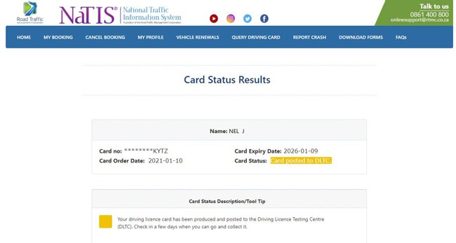 Natis card licence status