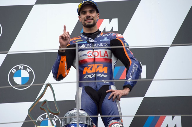 Miguel Oliveira of Portugal and Team KTM Tech 3 celebrates on the podium his first MotoGP victory at the end of the MotoGP race during the MotoGP Of Styria - Race at Red Bull Ring on August 23, 2020 in Spielberg, Austria. (Photo by Mirco Lazzari gp/Getty Images)