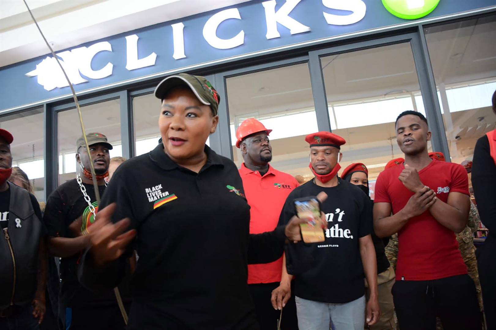 EEF treasure general Omphile Maotwe led the EEF protest outside the Clicks outlet in Menlyn Mall after the offensive and racist advert by Clicks that undermined the dignity of black people. Photo by Raymond Morare