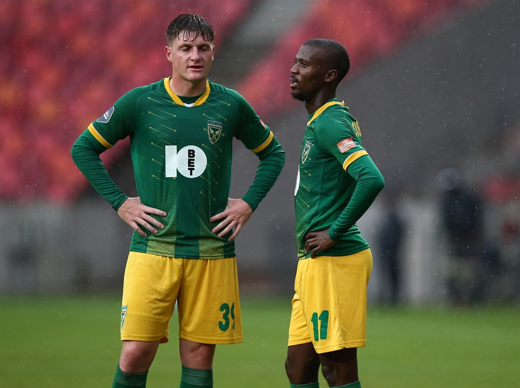 GQEBERHA, SOUTH AFRICA - DECEMBER 09: Bradley Cross and Nduduzo Sibiya of Golden Arrows during the DStv Premiership match between Chippa United and Golden Arrows at Nelson Mandela Bay Stadium on December 09, 2023 in Gqeberha, South Africa. (Photo by Richard Huggard/Gallo Images)