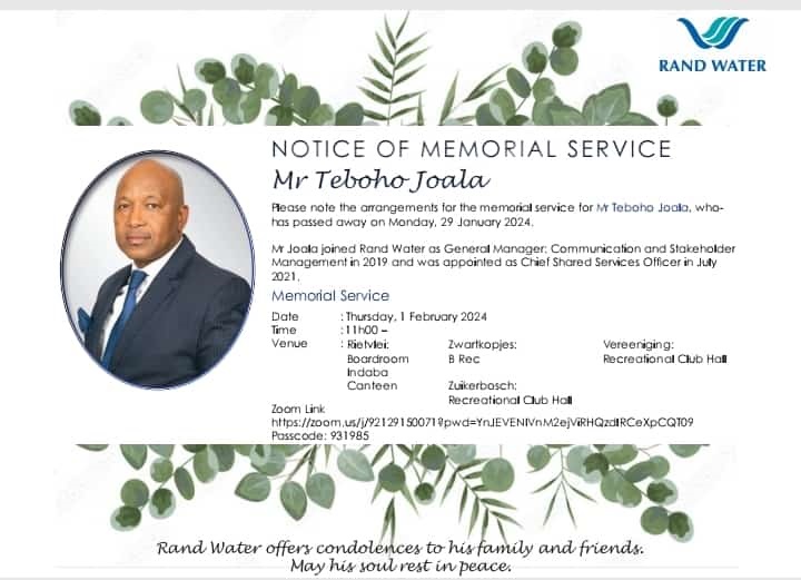 Memorial service held for slain Rand Water boss.