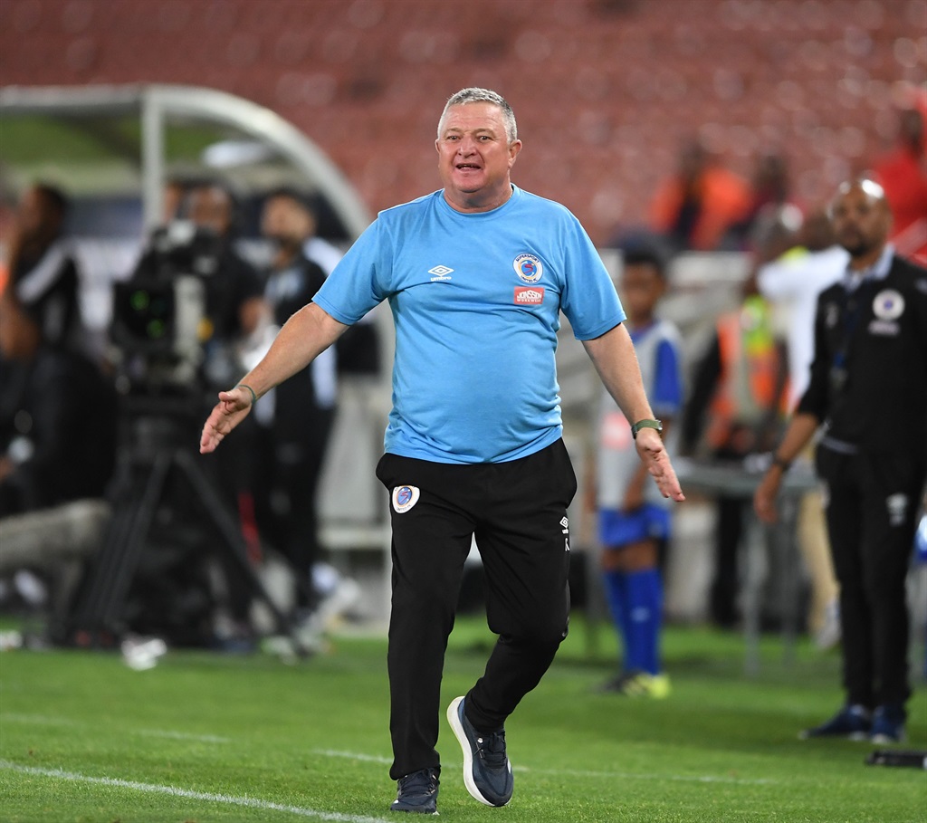 POLOKWANE, SOUTH AFRICA - DECEMBER 20: Gavin Hunt coach of SuperSport United during the CAF Confederation Cup match between Supersport United and Al Hilal Benghazi at Peter Mokaba Stadium on December 20, 2023 in Polokwane, South Africa. (Photo by Philip Maeta/Gallo Images)