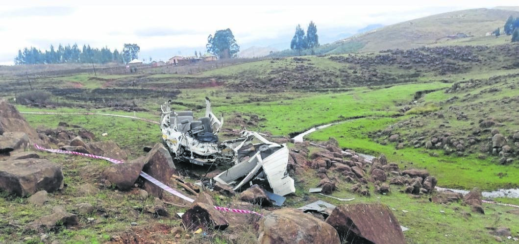 The wreck of taxi in which 13 members of the Mdali family died on Saturday.