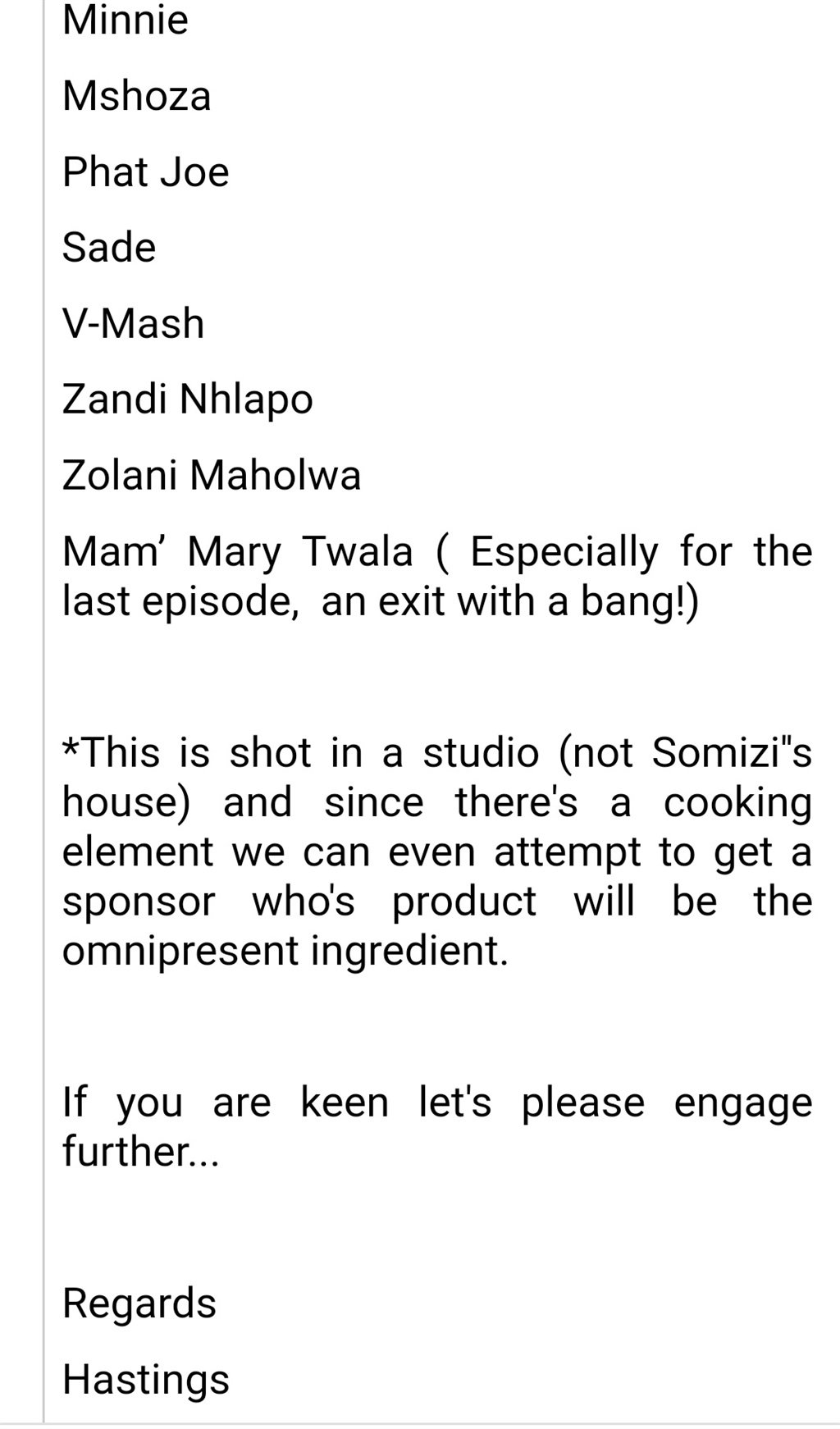 An email from Hastings Moeng where he proposed the