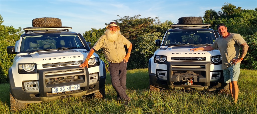 Kingsley Holgate and Ross Holgate with their expedition-ready Land Rover Defenders