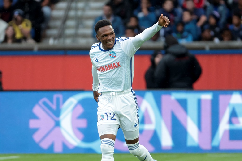 PARIS, FRANCE - OCTOBER 21: Lebo Mothiba of Strasbourg celebrates his goal - a goal later cancelled - during the Ligue 1 Uber Eats match between Paris Saint-Germain (PSG) and RC Strasbourg (RCS) at Parc des Princes stadium on October 21, 2023 in Paris, France. (Photo by Jean Catuffe/Getty Images)