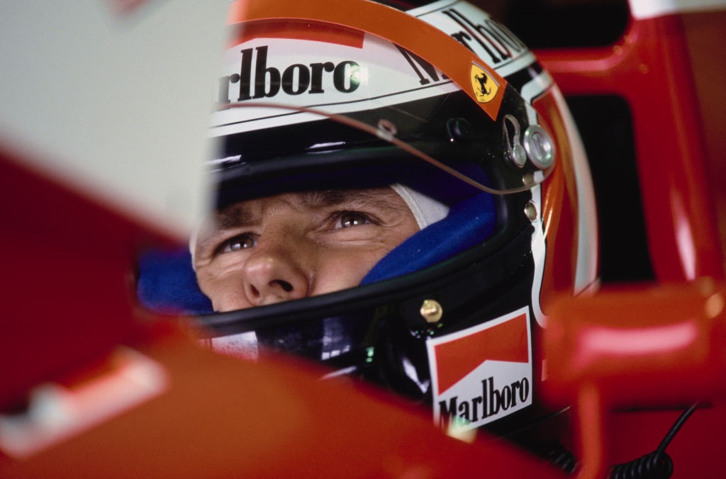 Gerhard Berger from Austria checks the lap times on the Tag Heuer monitor from the cockpit of the #28 Scuderia Ferrari Ferrari 412T1 Ferrari V12 inside the pit garage during practice for the Formula One Brazilian Grand Prix on 26th March 1994 at the Autodromo Jose Carlos Pace Interlagos, Sao Paulo, Brazil.  (Photo by Pascal Rondeau/Getty Images)