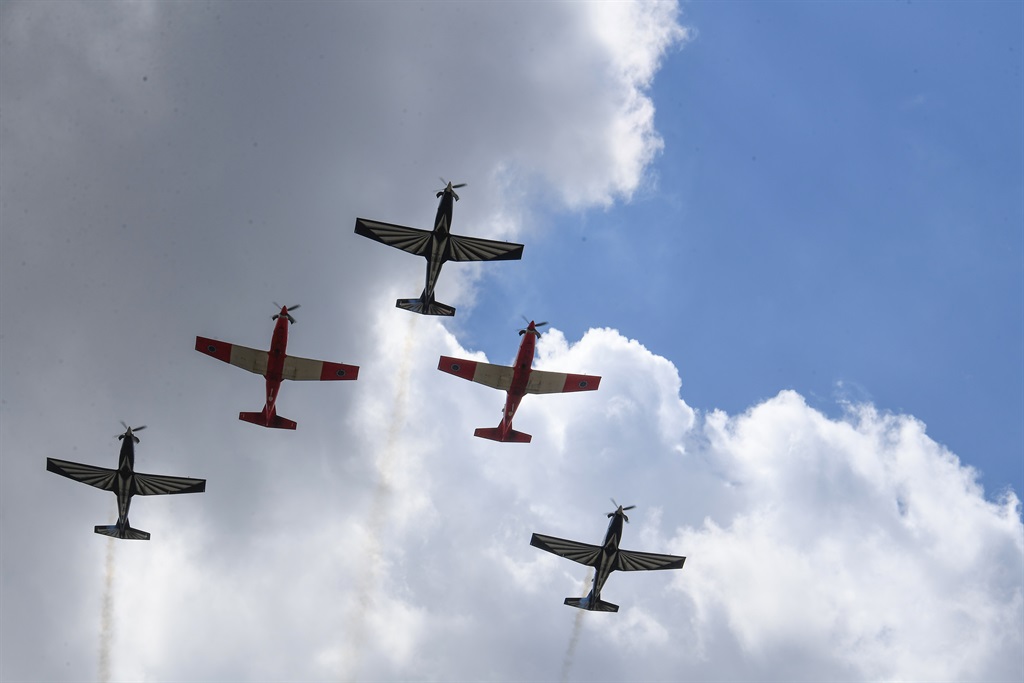Mass Fly-Past during the annual Prestige Day Parade at Air Force Base Swartkop (Mobile Deployment Wing) on February 01, 2024 in Pretoria, South Africa. The  event celebrates and acknowledges exceptional performance by Directorates, Bases, Squadrons and Units. 