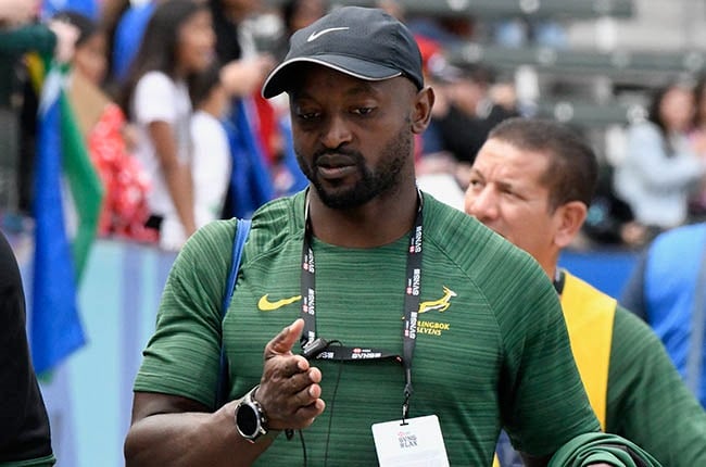 Coach Sandile Ngcobo looks on during day three of the 2024 Los Angeles SVNS (Photo by David Van Der Sandt/Gallo Images)