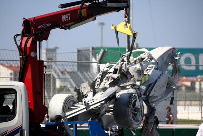 Track marshals clear the debris after a crash between Jack Aitken of Campos Racing (9) and Luca Ghiotto of Hitech Grand Prix (25) during the Formula 2 Championship Sprint Race at Sochi Autodrom on September 27, 2020 in Sochi, Russia. (Photo by Bryn Lennon/Getty Images)