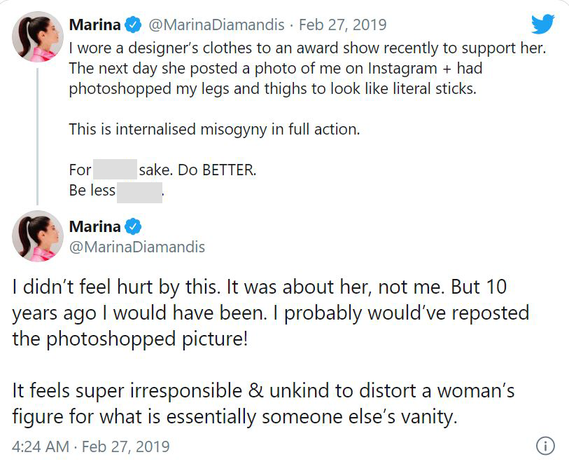 Marina tweets on being photoshopped