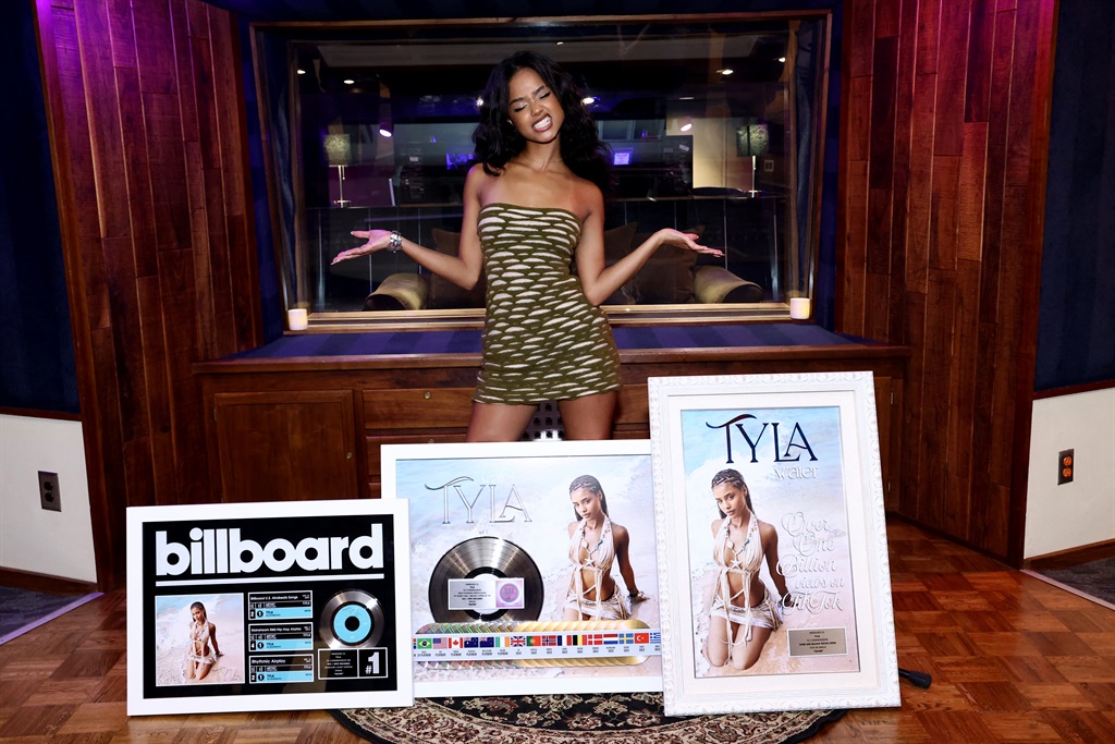 Grammy-nominated artist Tyla poses during her Epic Records celebration with Platinum Plaque certifications at Westlake Recording Studio on January 31, 2024.