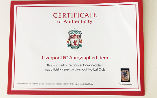 Liverpool FC authenticity certificate. 