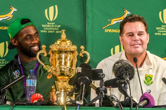 Springbok captain Siya ­Kolisi (left) and coach ­Rassie Erasmus ­after the Boks’ Rugby World Cup victory in Japan last year. (Photo: Gallo Images/Getty Images) 