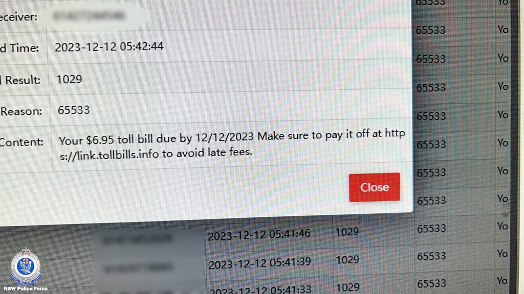An example of a scam text in the case, released by New South Wales police.