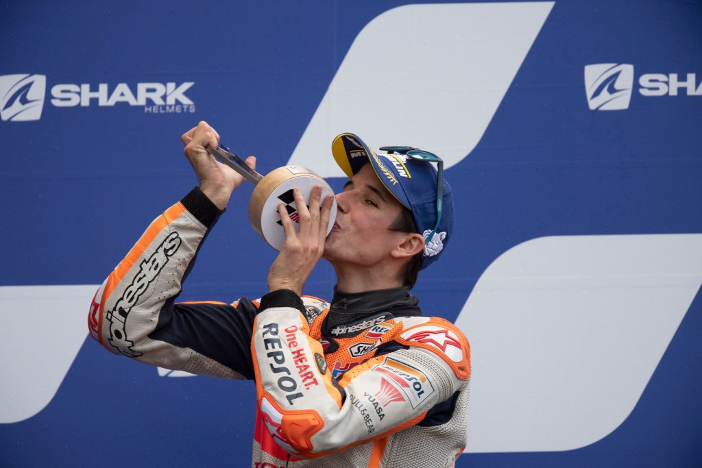 Alex Marquez of Spain and Repsol Honda Honda celebrates second place on the podium at the end of the MotoGP race during the MotoGP of France. Image:Mirco Lazzari / Getty. 