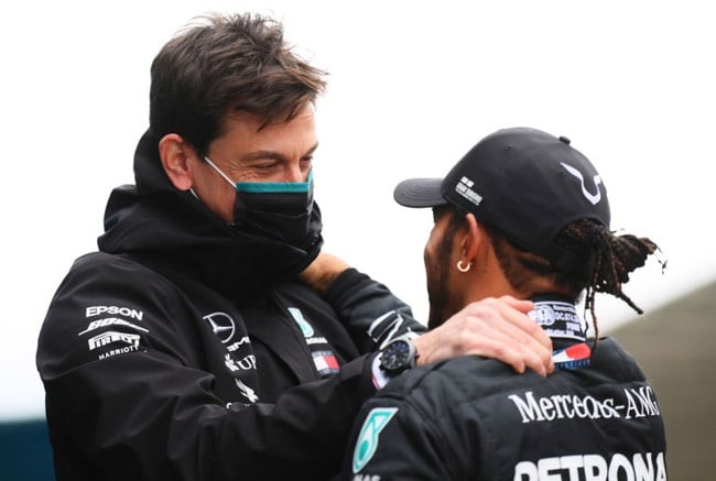 Race winner Lewis Hamilton of Great Britain and Mercedes GP celebrates winning a 7th F1 World Drivers Championship with Mercedes GP Executive Director Toto Wolff in parc ferme during the F1 Grand Prix of Turkey at Intercity Istanbul Park on November 15, 2020 in Istanbul, Turkey. 