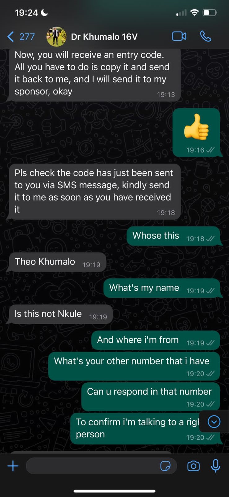 Doc Khumalo's hacker typing WhatsApp text