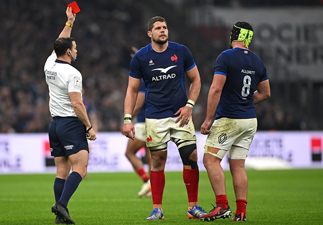 France lock Paul Willemse reacts after being shown a red card by referee Karl Dickson against Ireland in Marseille on 2 February 2024. (Photo by Shaun Botterill/Getty Images)