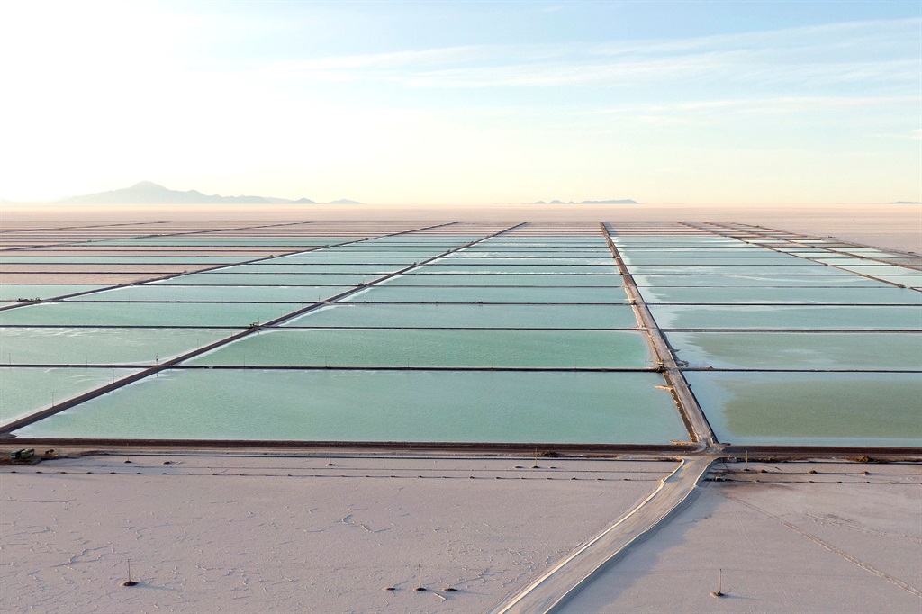 Salt recovery pools at the Llipi pilot Plant in the Uyuni Salt Flats in Bolivia in August 2022. The Uyuni Salt Flats, in the Potosi province, have the largest lithium reserves in the world. (Photo by Gaston Brito Miserocchi/Getty Images)