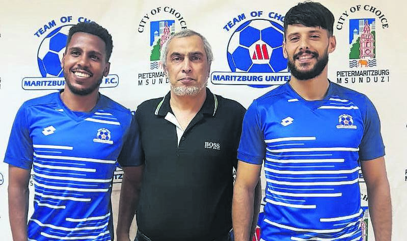 New Maritzburg United signings Tyroane Sandows (left) and Fares Hachi (right) with club boss Farook Kadodia. 