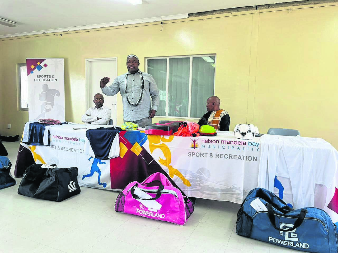 NMBM Mayoral Committee Member for Sport, Arts, Recreation, Bassie Kamana recently handed over sporting equipment to different sport clubs across the Metro.