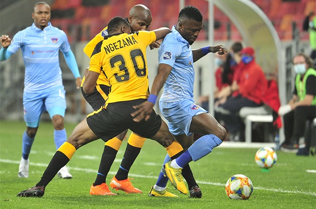 Augustine Kwem of Chippa United challenged by Siyabonga Zulu and Lebogang Manyama of Kaizer Chiefs during the DStv Premiership match between Chippa United and Kaizer Chiefs at Nelson Mandela Bay Stadium on October 27, 2020 in Port Elizabeth, South Africa.